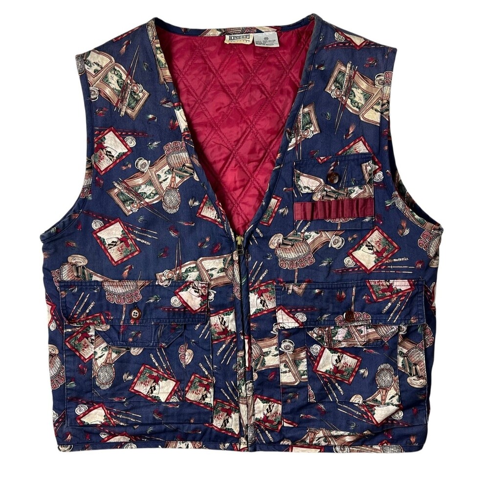 Vintage Line-up Zip Utility Fishing Print Vest Size M Rockabilly Theatre Prop